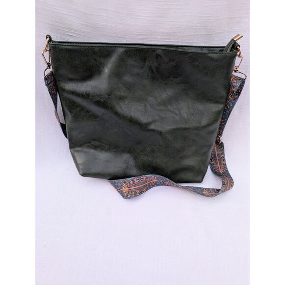 Olive Green Crossbody Bag Purse Geometric Patterned Strap Adjustable Boho - Picture 3 of 5